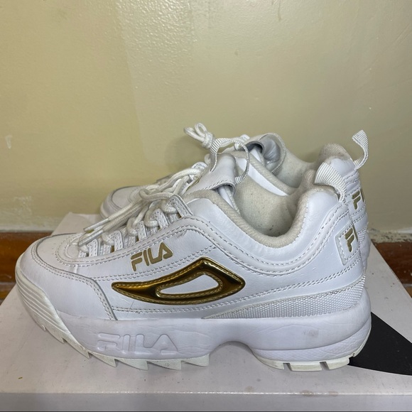White and Gold Metallic accent Fila Sneakers - Picture 2 of 14